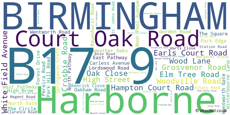A word cloud for the B17 9 postcode